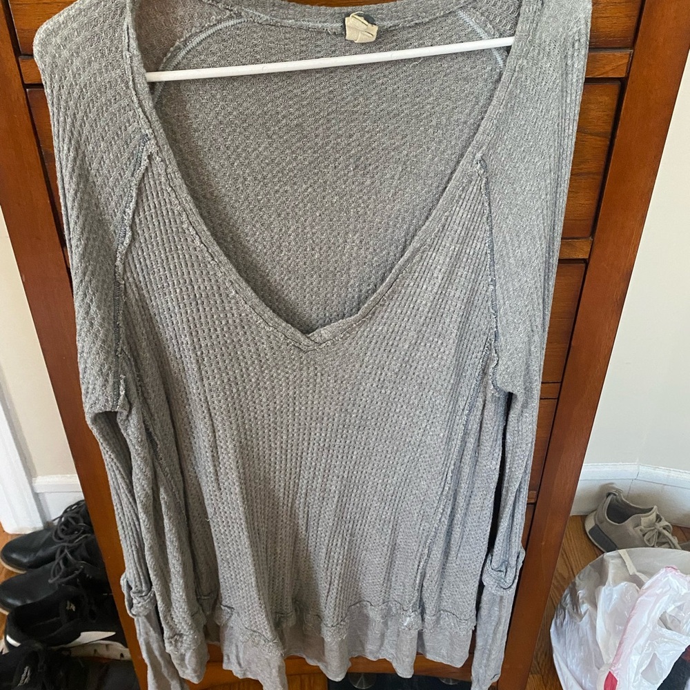Free People Gray V-Neck Women's Top